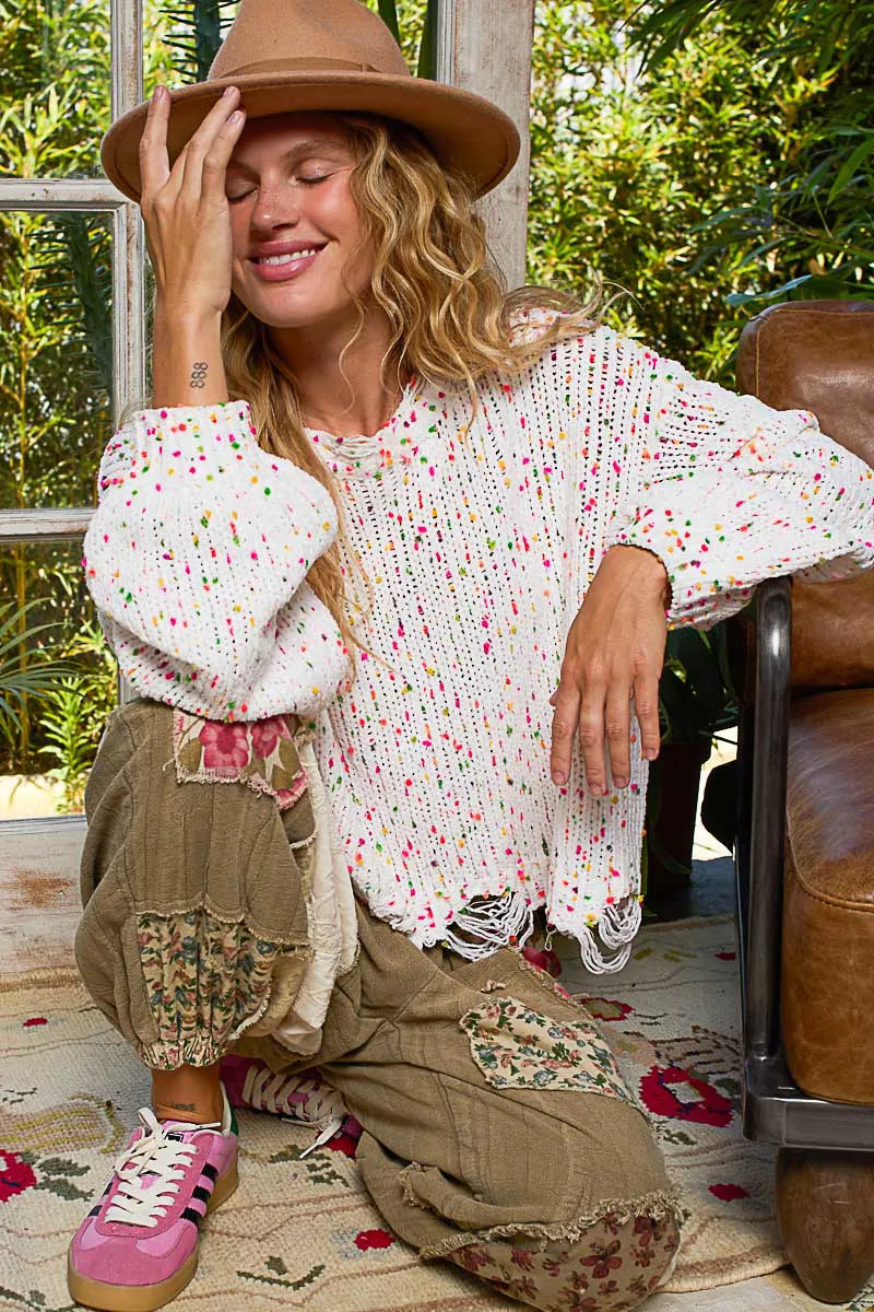 Image of POL Round Neck Fringed Hem Sweater | Queeble.shop