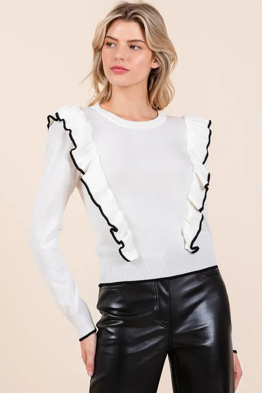 Image of Mittoshop Contrast Trim Ruffled Round Neck Knit Top | Queeble.shop
