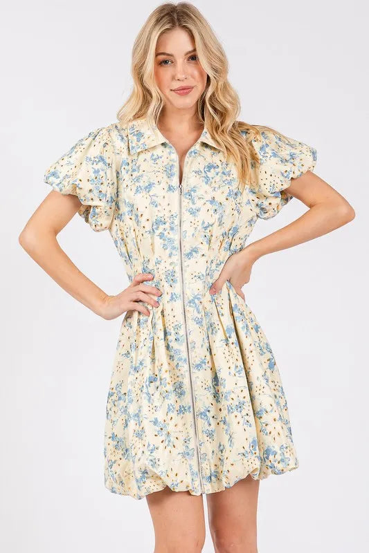 Image of GeeGee Floral Eyelet Zipper Front Puff Sleeve Mini Dress | Queeble.shop