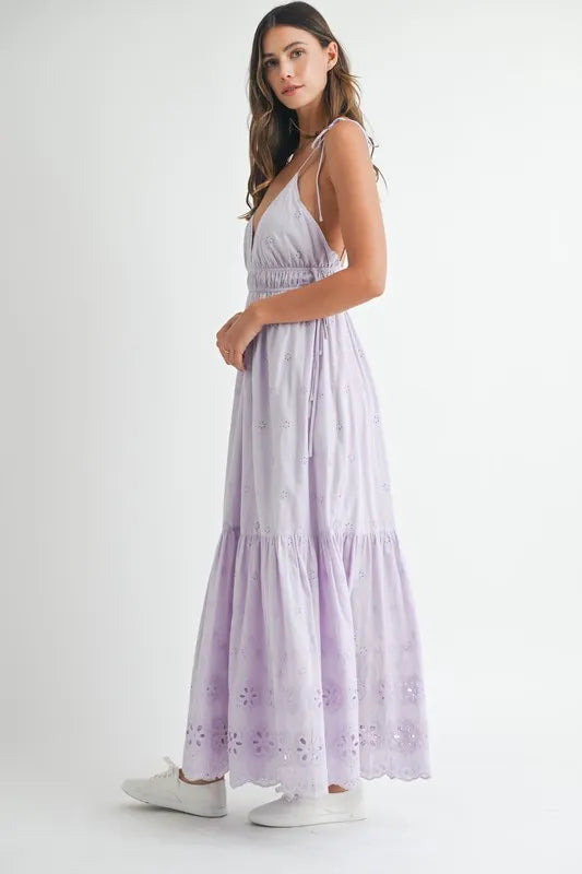 Image of MABLE Eyelet Lace Maxi Dress With Side Strap Details | Queeble.shop