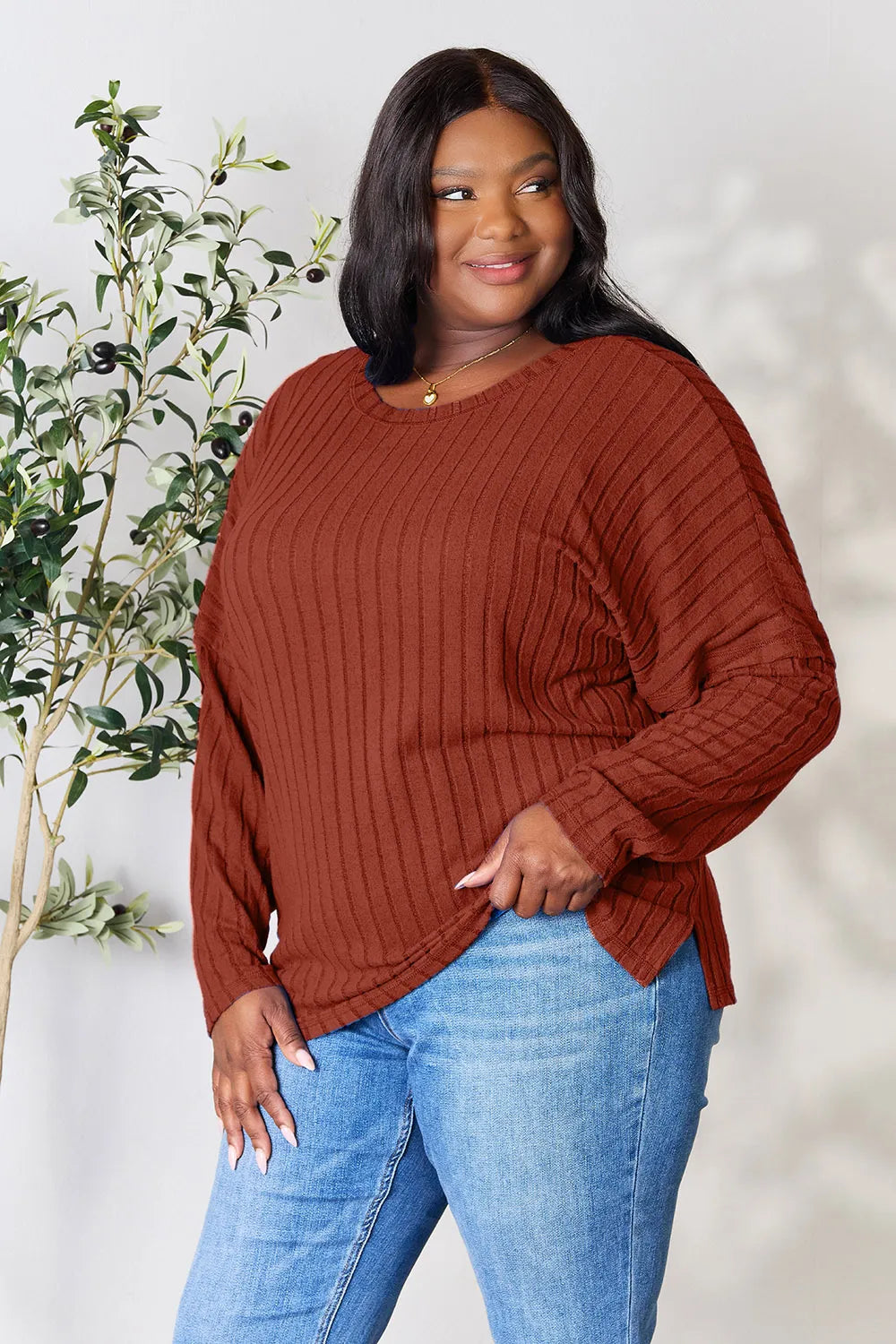Image of Basic Bae Full Size Ribbed Round Neck Slit Knit Top | Queeble.shop