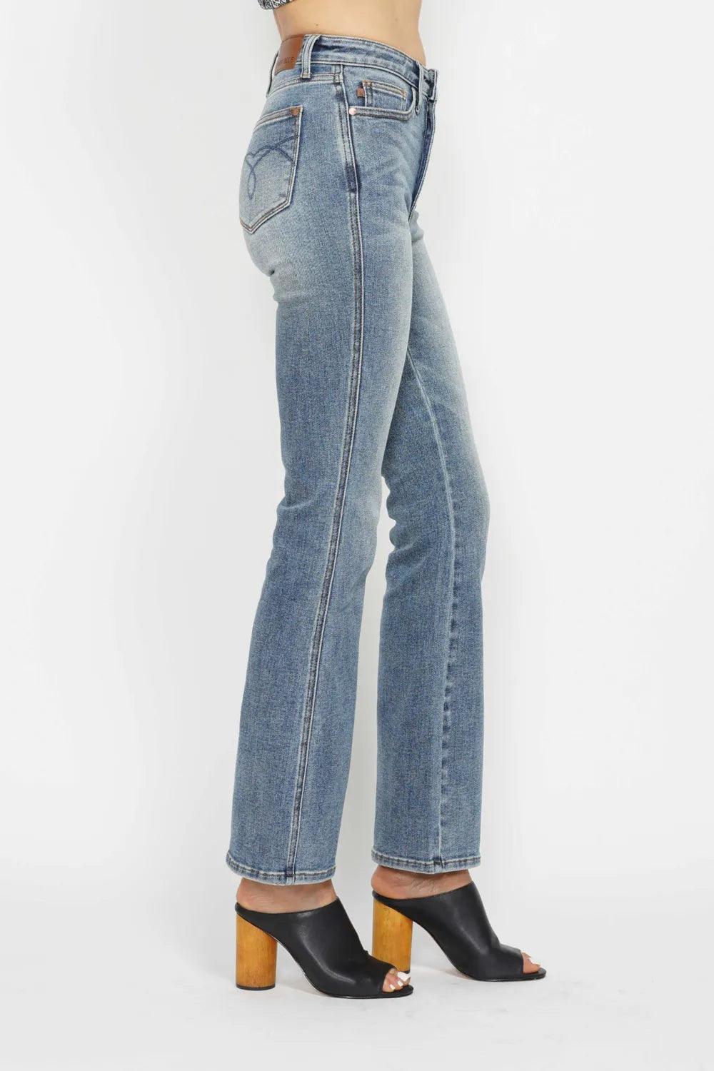 Image of Judy Blue Full Size Tummy Control Back Embroidered Pocketed Bootcut Jeans Plus Size | Queeble.shop