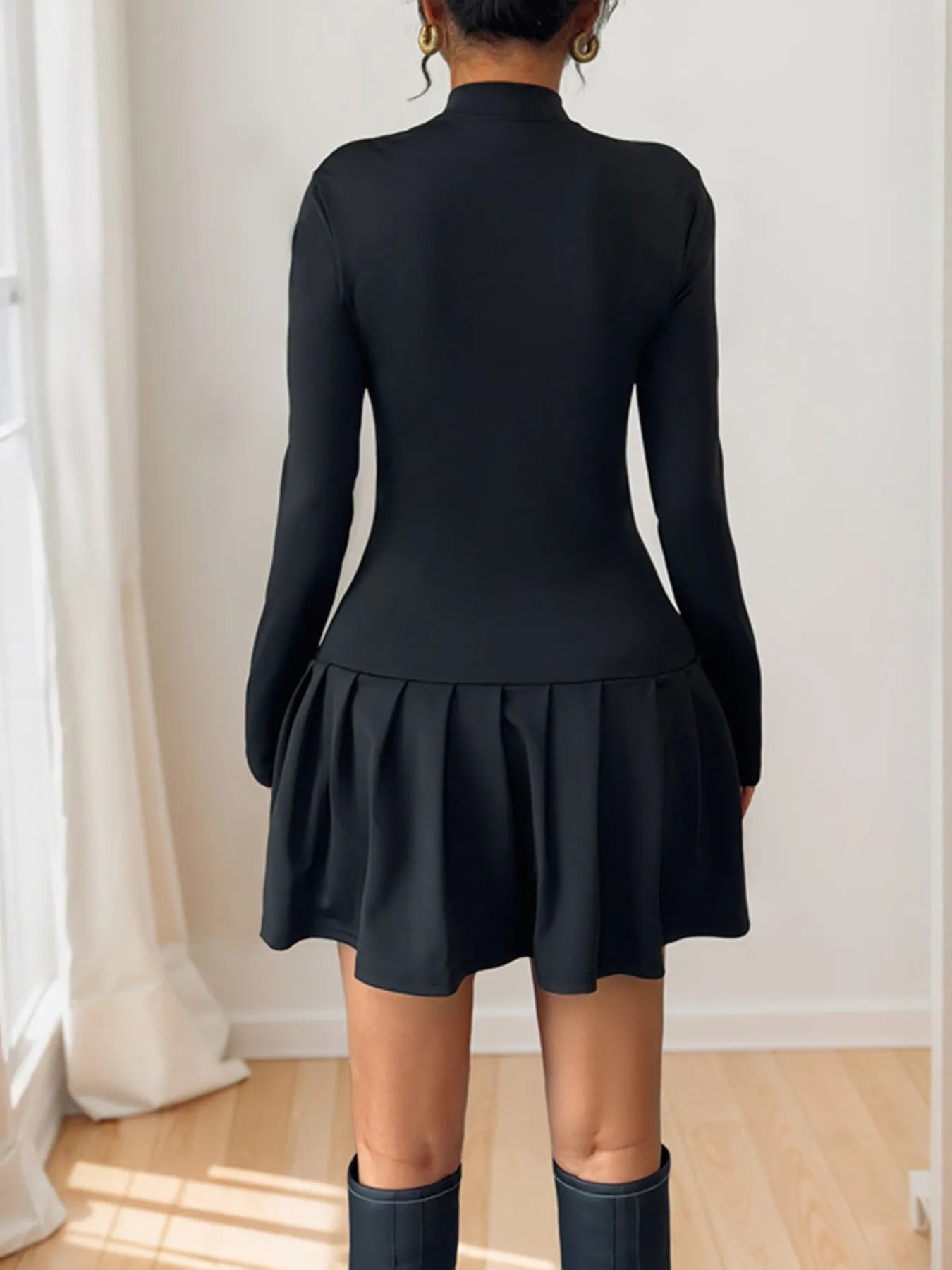 Image of Decorative Button Mock Neck Long Sleeve Mini Dress | Queeble.shop