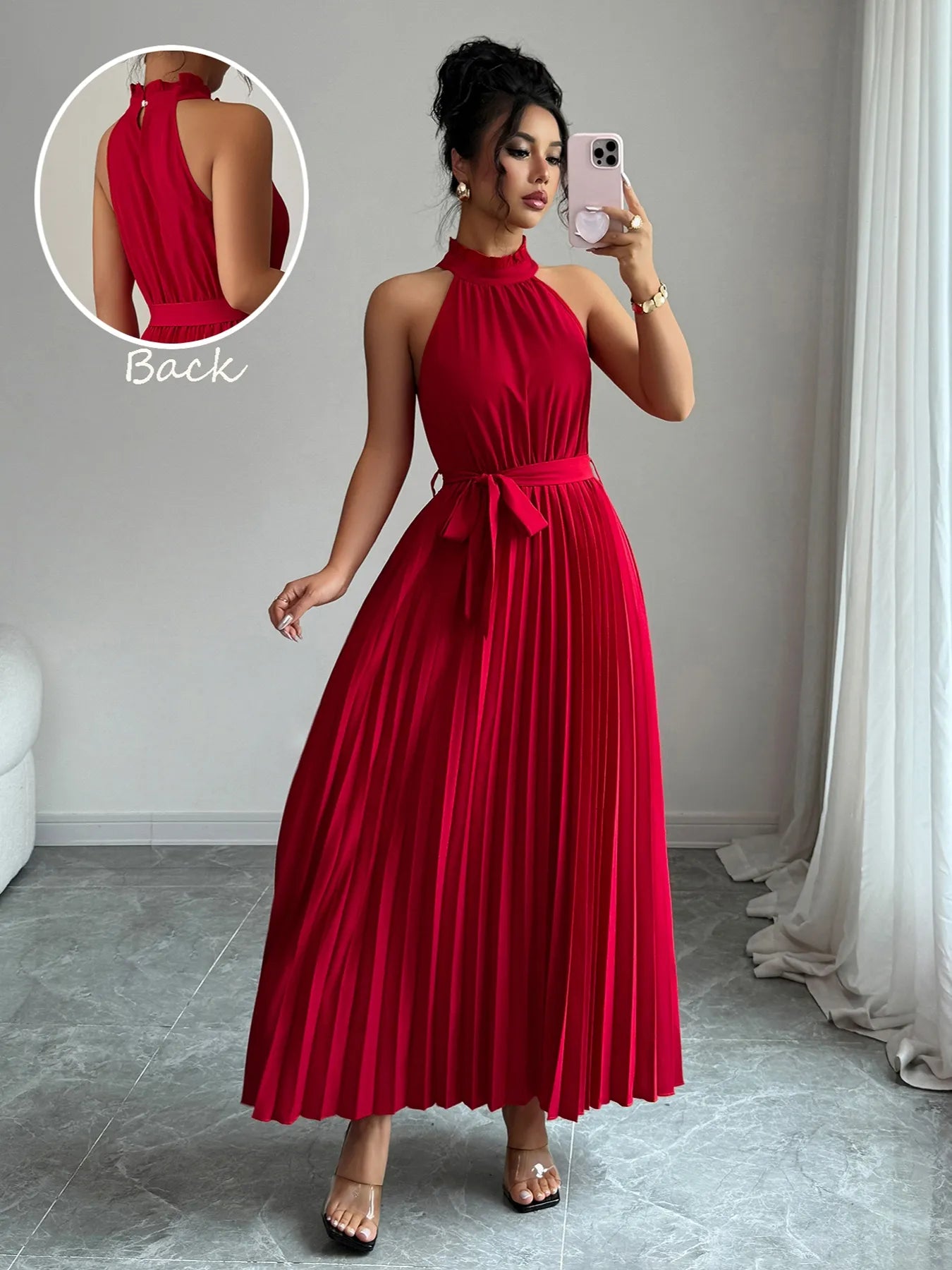 Image of Pleated Halter Neck Tie Waist Maxi Dress | Queeble.shop
