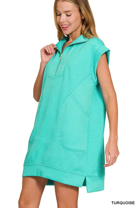 Image of Zenana Textured Knit Jacquard Quarter Zipper Mini Dress | Queeble.shop