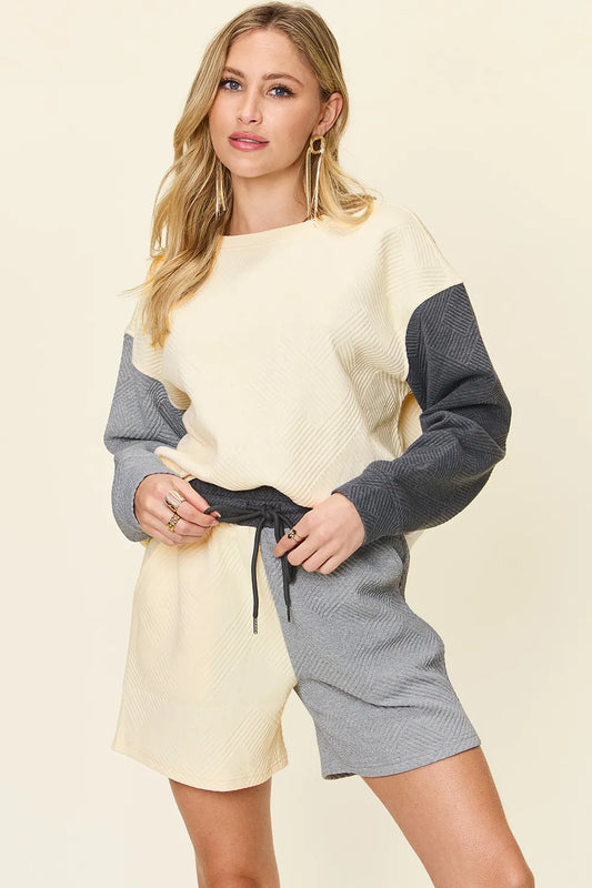 Image of Double Take Full Size Contrast Drop Shoulder Top and Shorts Set | Queeble.shop