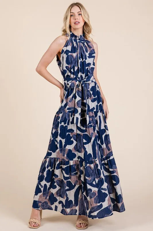 Image of Lime 'N' Chili Abstract Halter Neck Tie-Waist Tiered Maxi Dress | Queeble.shop