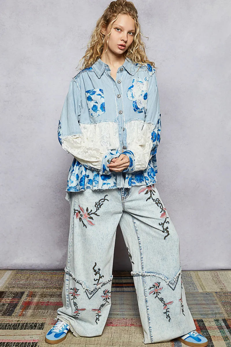 Image of POL Floral Patchwork Denim Shirt with Lace Trim Details | Queeble.shop