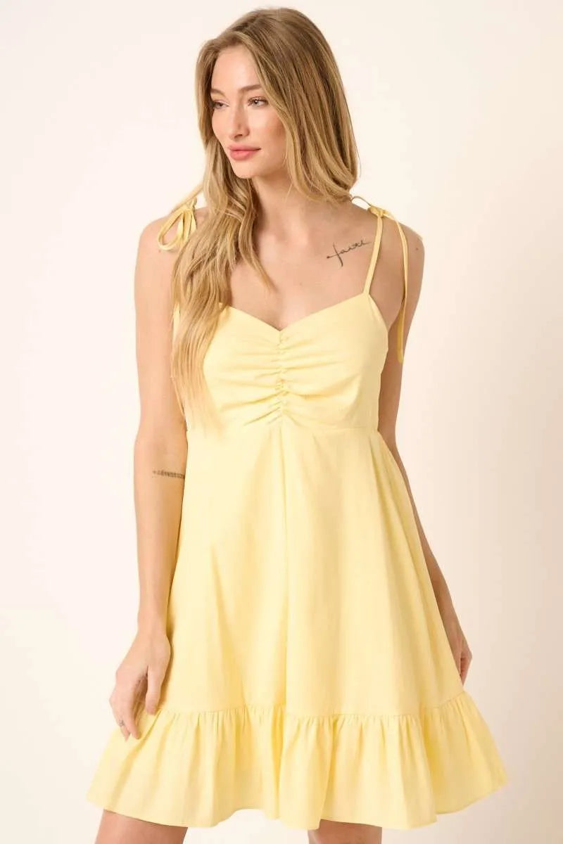 Image of Mittoshop Ruched Detail Spaghetti Tie Mini Dress | Queeble.shop