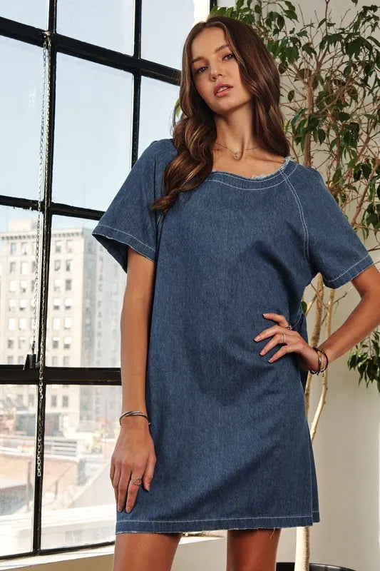 Image of ADORA Raw Hem Mini Denim Dress with Pockets | Queeble.shop