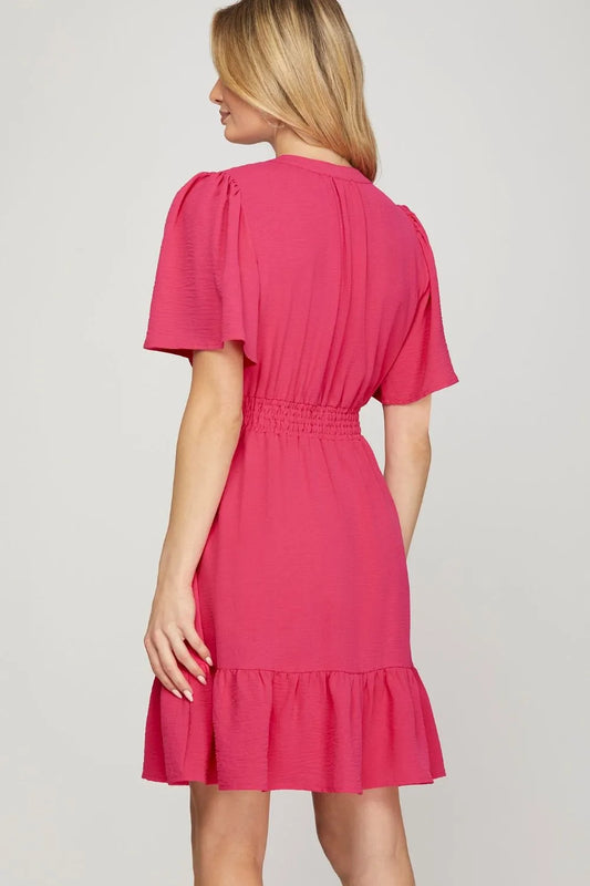 Image of She + Sky Ruffled Hem Notched Flutter Sleeve Mini Dress | Queeble.shop
