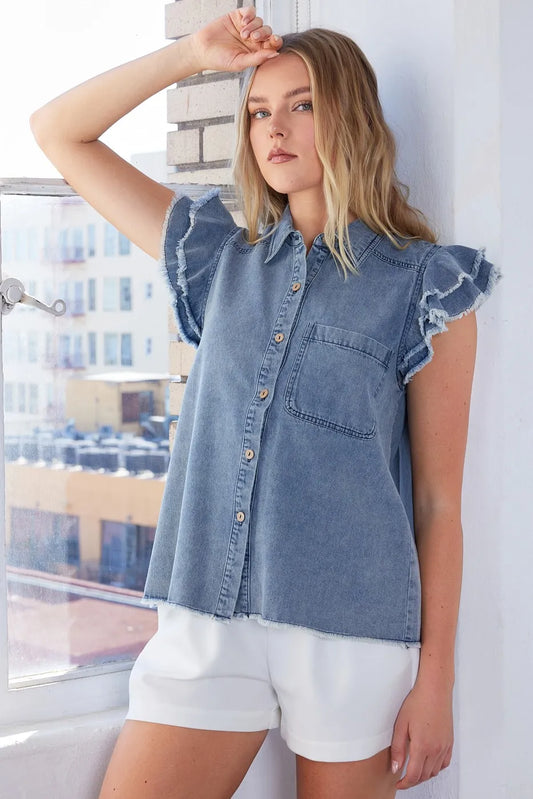 Image of Mittoshop Washed Denim Ruffle Short Sleeve Collared Shirt | Queeble.shop