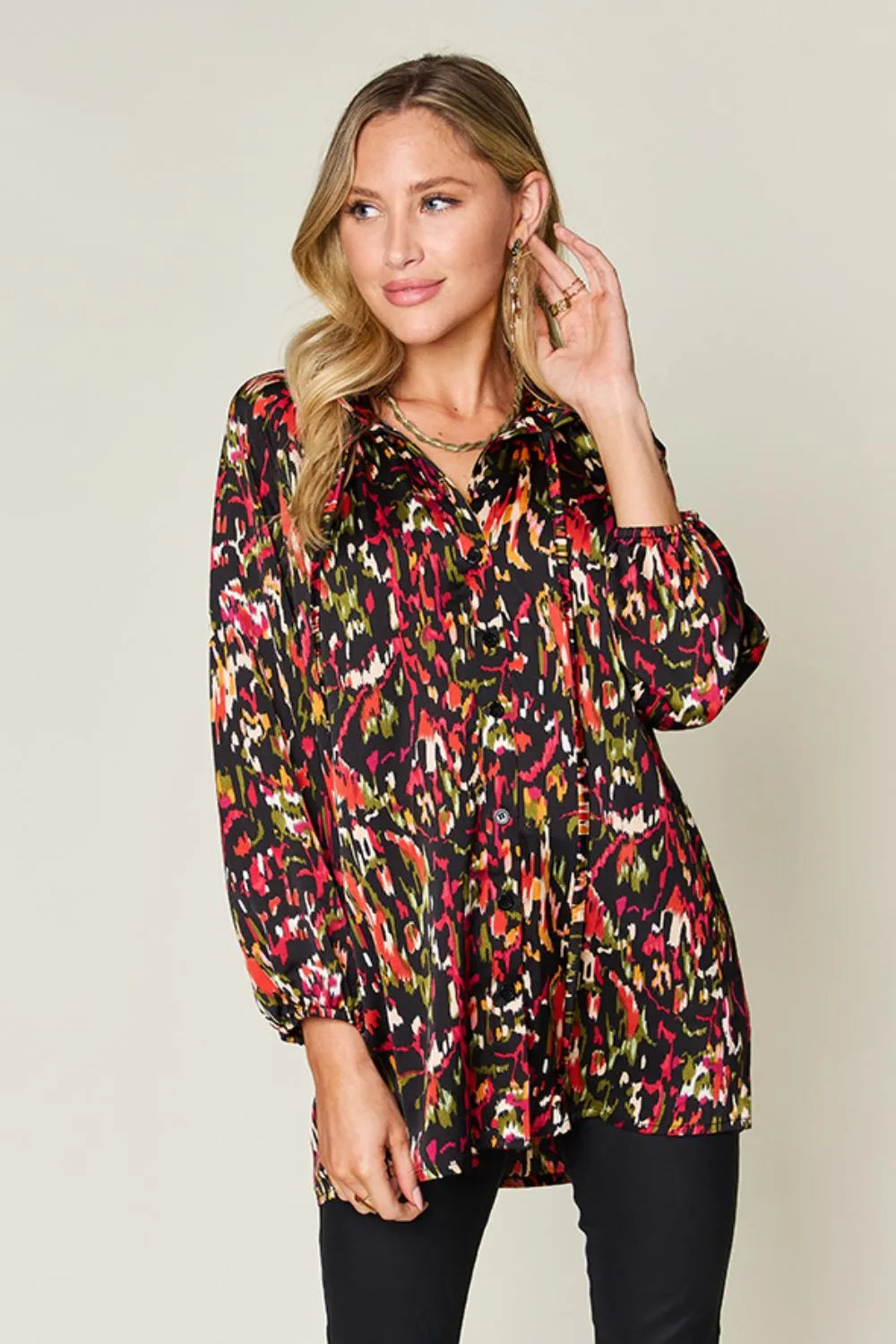 Image of Double Take Full Size Printed Button Up Long Sleeve Shirt | Queeble.shop