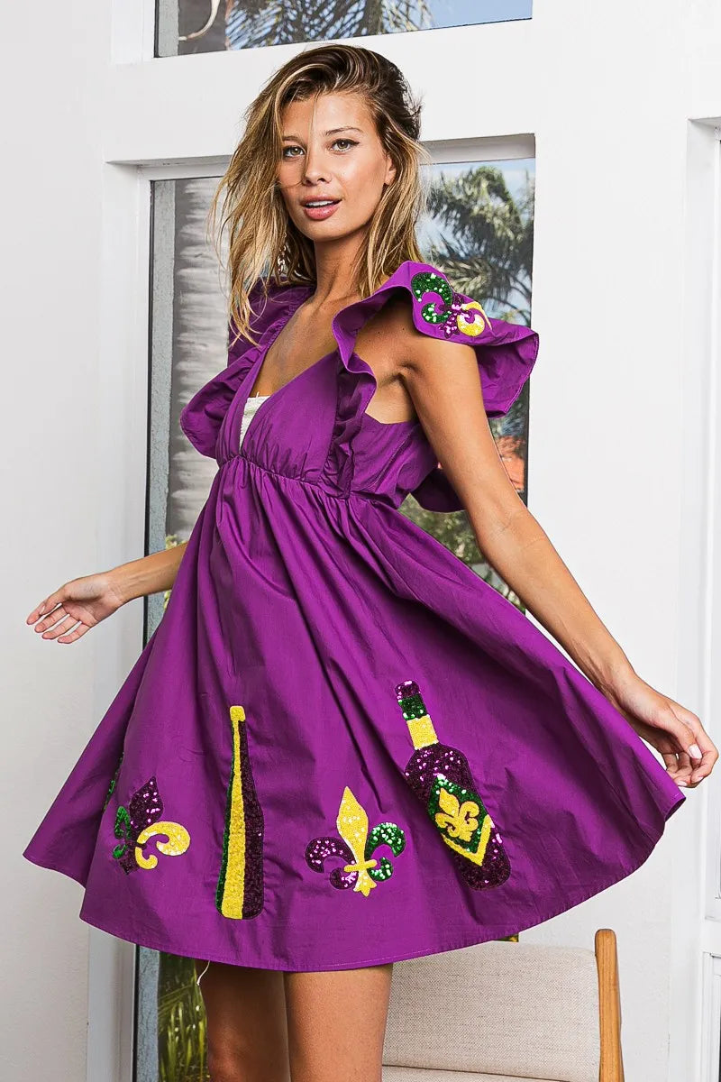 Image of BiBi Mardi Gras Sequin Embroidery Ruffled Dress | Queeble.shop