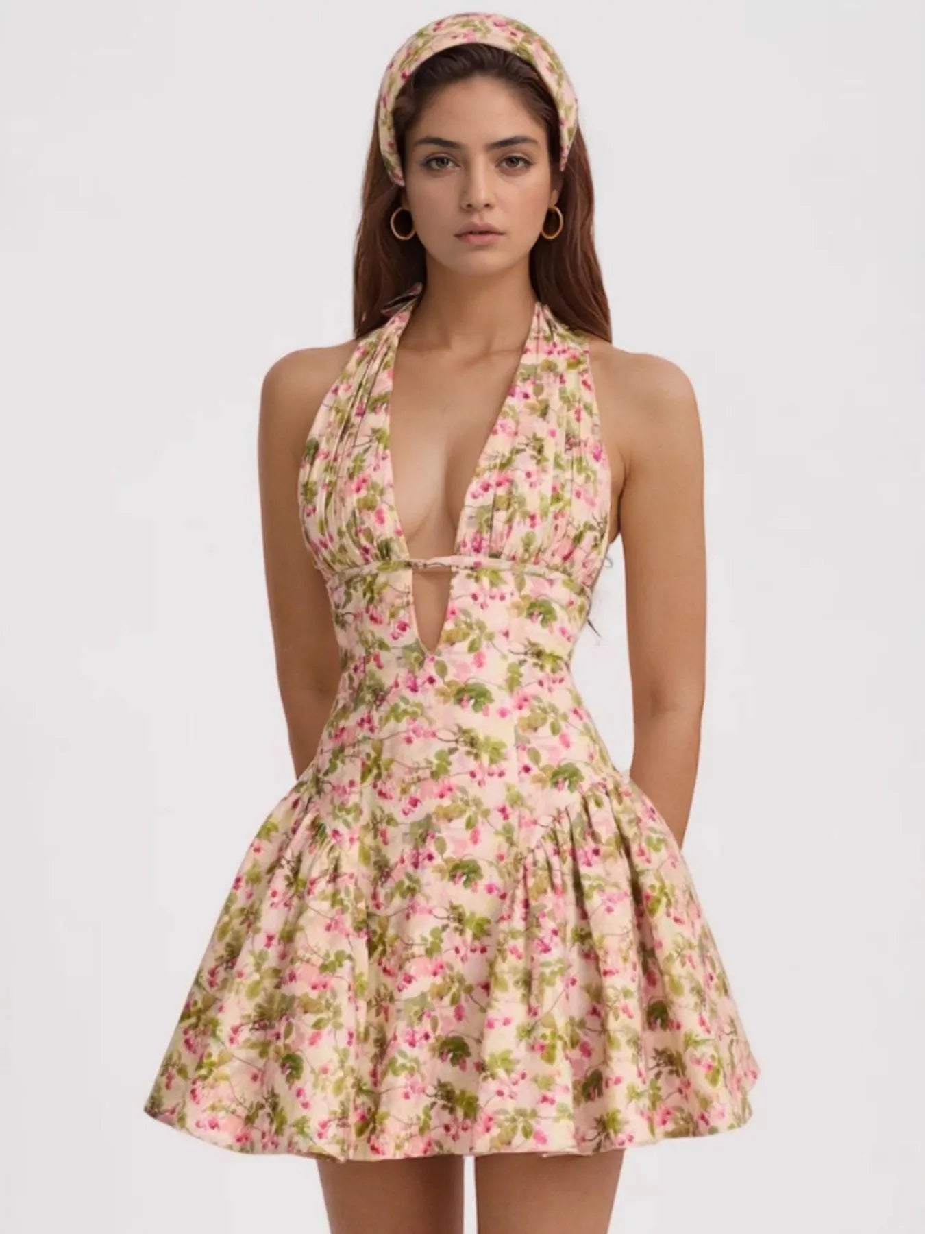 Image of Floral Halter Neck Mini Dress | Queeble.shop