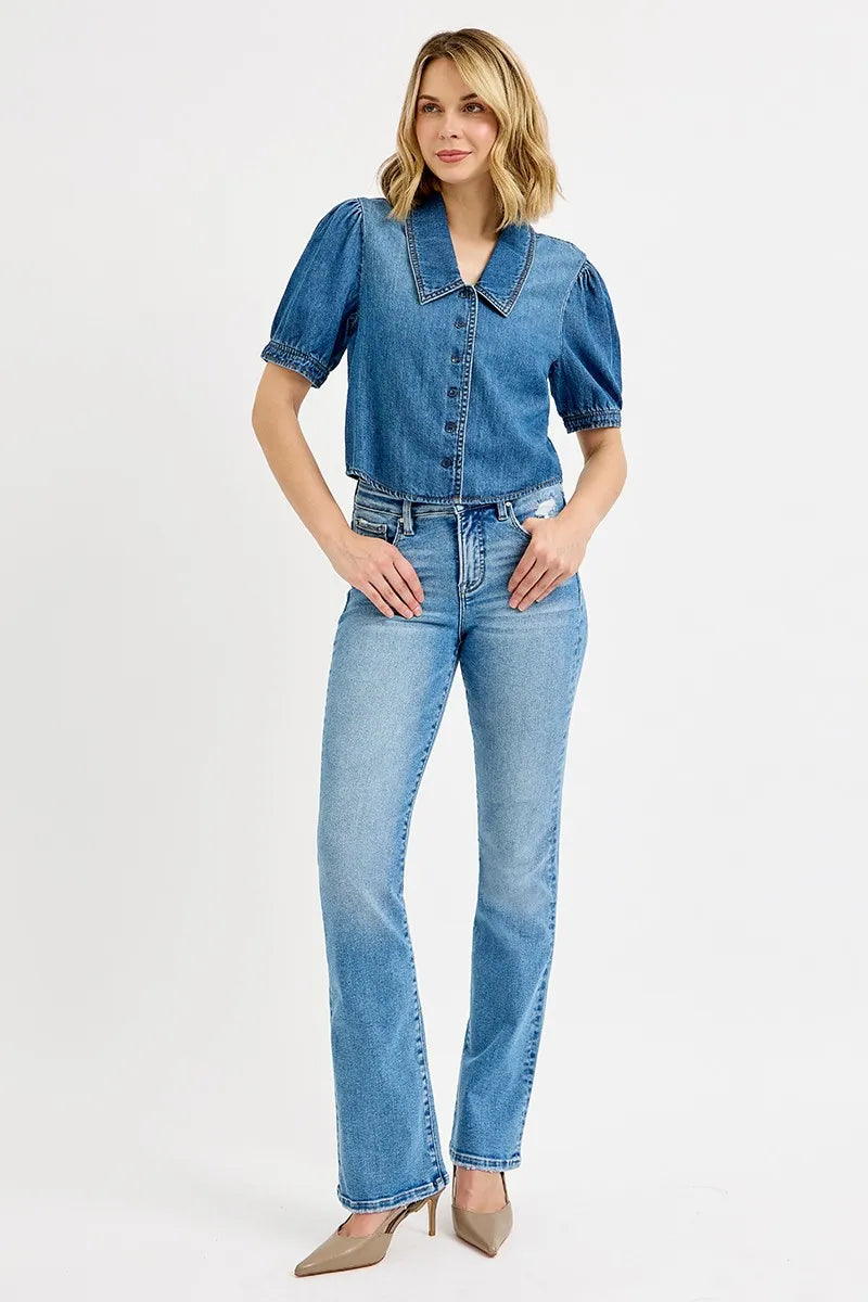 Image of RISEN Button Down Puff Sleeve Crop Denim Shirt | Queeble.shop