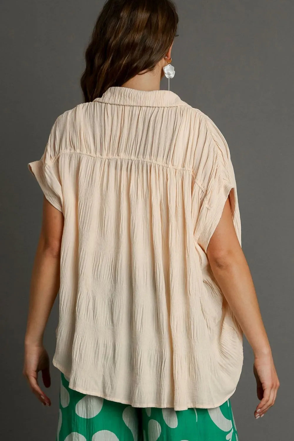 Image of Umgee Full Size Textured Button Down Short Sleeve Shirt Plus Size | Queeble.shop