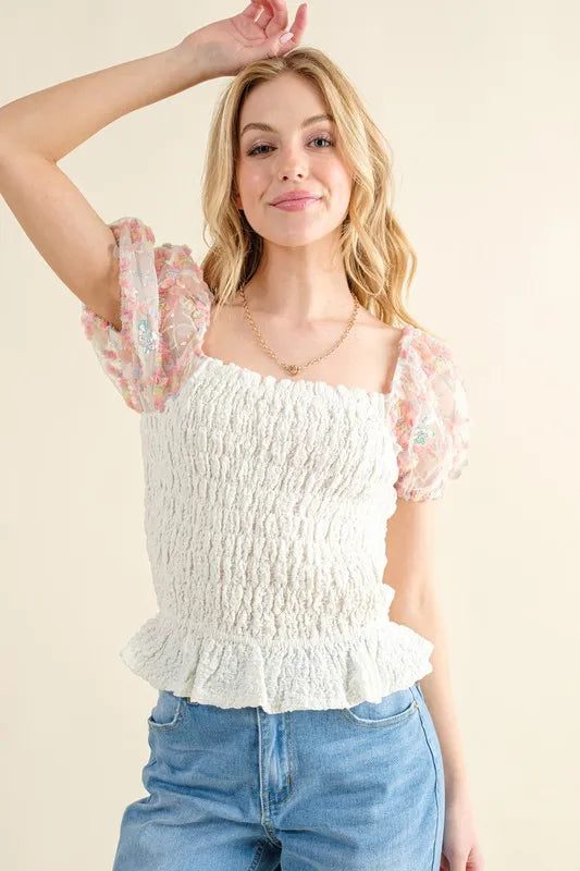 Image of And The Why Embellishment Sleeve Smocked Top | Queeble.shop