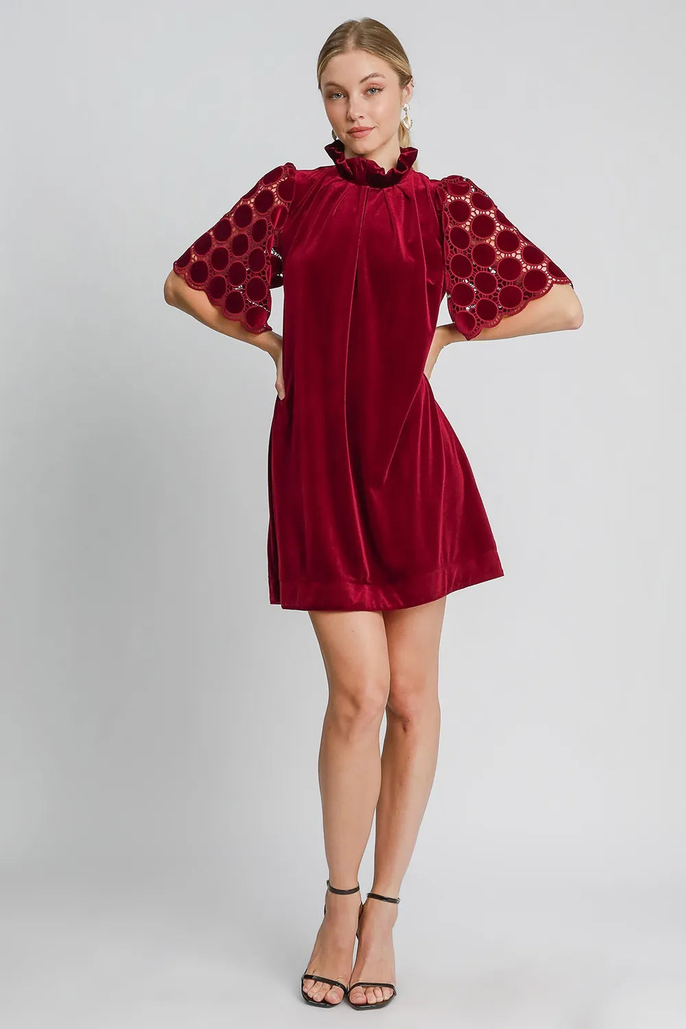 Image of Umgee Dotted Lace Half Sleeve Mock Neck Back Tie Velvet Dress | Queeble.shop