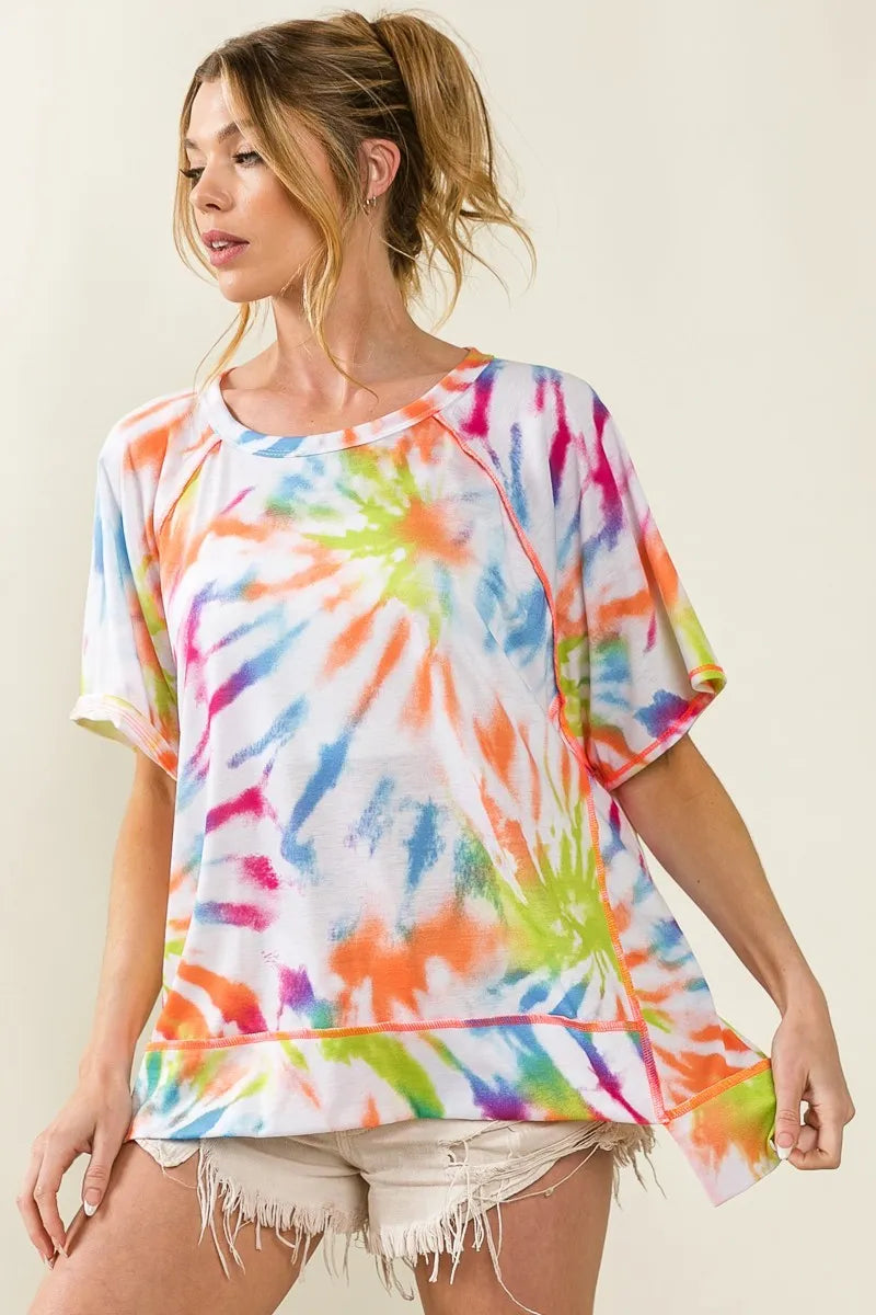 Image of BiBi Tie Dye Print Jersey Stitched Uneven Hem Top | Queeble.shop