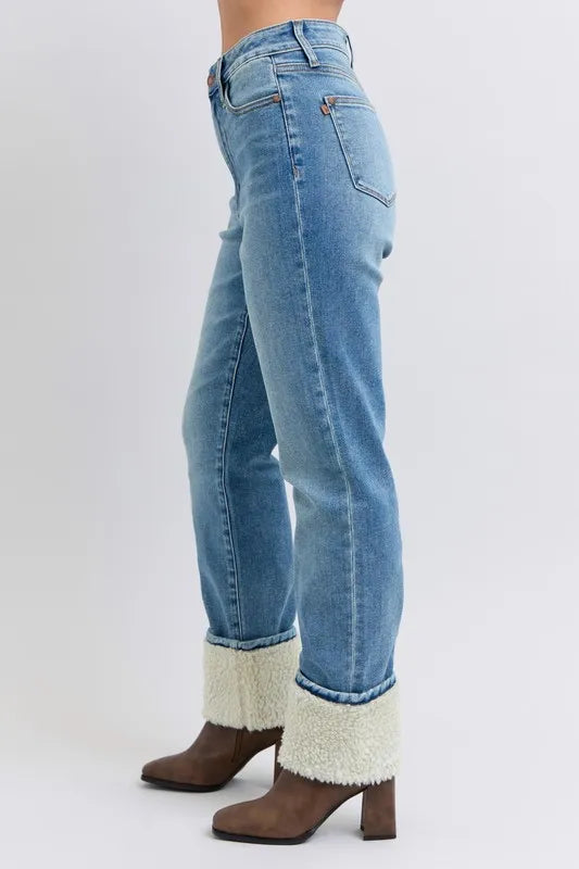 Image of Judy Blue Full Size High Waist Shearling Cuff Straight Plus Size | Queeble.shop