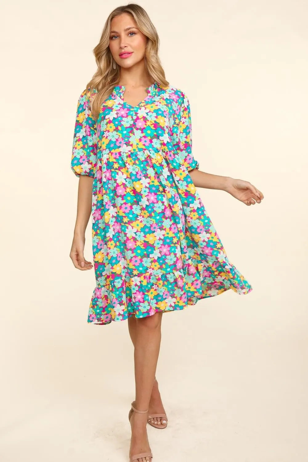 Image of Haptics Bubble Sleeve Floral Ruffled Dress | Queeble.shop