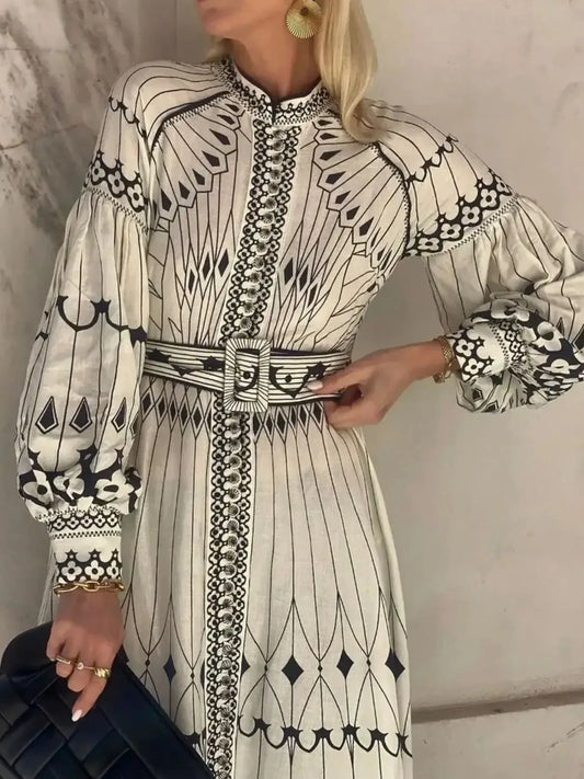 Image of Printed Long Sleeve Shirt Dress with Belt | Queeble.shop