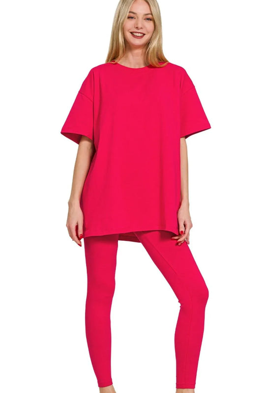Image of Zenana Cotton Round Neck Top & Legging Set | Queeble.shop