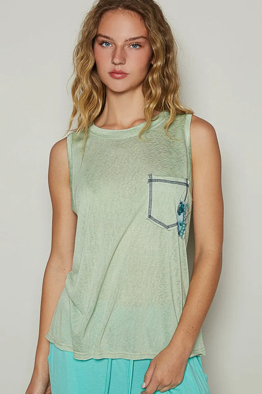 Image of POL Floral Detail Pocket Patch Tank Top | Queeble.shop