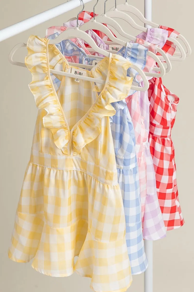 Image of BiBi Ruffled Neckline Sleeveless Check Plaid Peplum Top | Queeble.shop