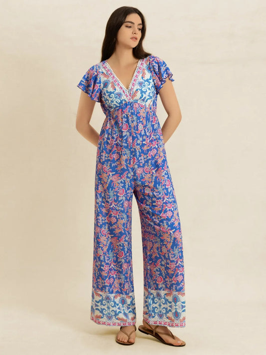 Image of Printed V-Neck Wide Leg Jumpsuit | Queeble.shop