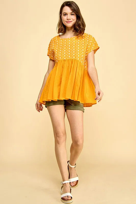 Image of Lime 'N' Chili Embroidered Short Sleeve Pleated Babydoll Top | Queeble.shop