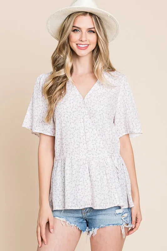 Image of Lime 'N' Chili Ditsy Print V-Neck Short Sleeve Wrap Blouse | Queeble.shop