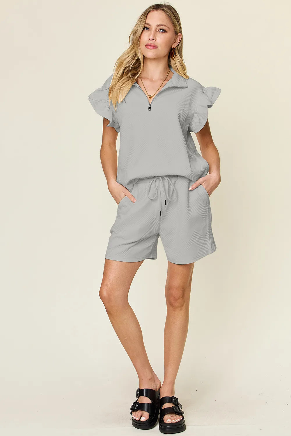 Image of Double Take Full Size Texture Flounce Sleeve Top and Drawstring Shorts Set | Queeble.shop