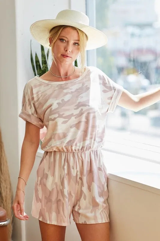 Image of BiBi Camo Print French Terry Romper with Side Pockets | Queeble.shop
