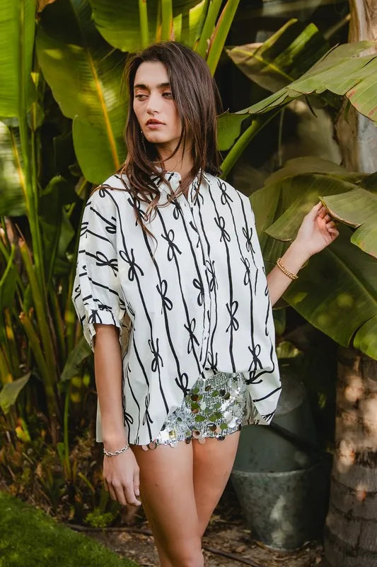 Image of BiBi Bow Ribbon Woven Printed Button Down Shirt | Queeble.shop
