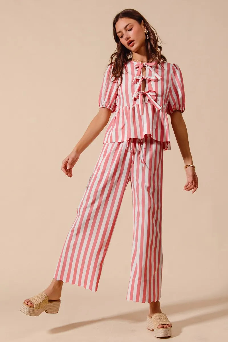Image of SO ME Front Tie Stripe Top With Puff Sleeves and Wide Leg Pants Set | Queeble.shop
