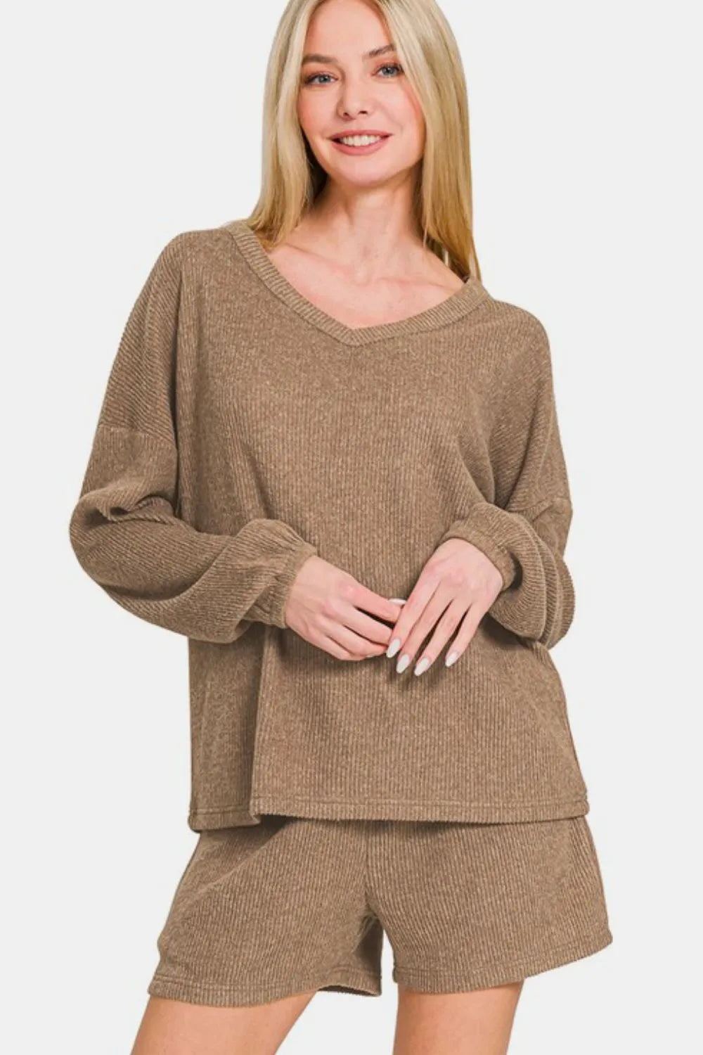 Image of Zenana V-Neck Long Sleeve Ribbed Top and Shorts Set | Queeble.shop
