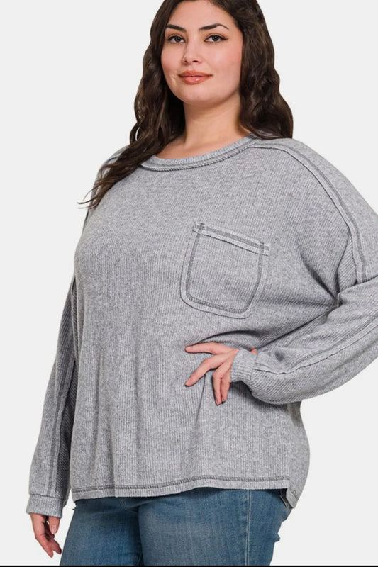 Image of Zenana Full Size Contrast Stitching Brushed Ribbed Hacci Knit Top | Queeble.shop