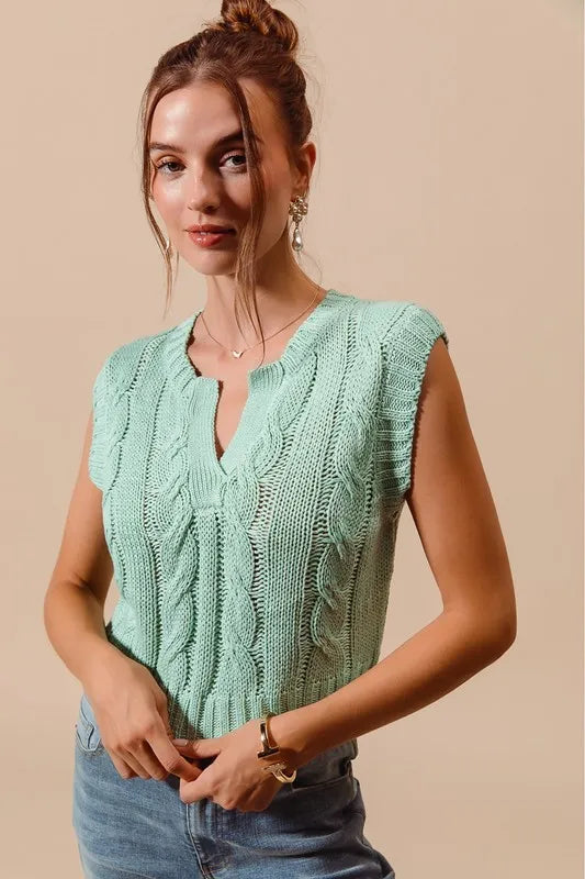 Image of SO ME Notched Neck Cable Knit Sweater Vest | Queeble.shop