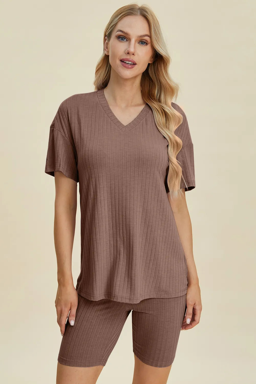 Image of Basic Bae Full Size Ribbed V-Neck Short Sleeve Top and Shorts Set | Queeble.shop