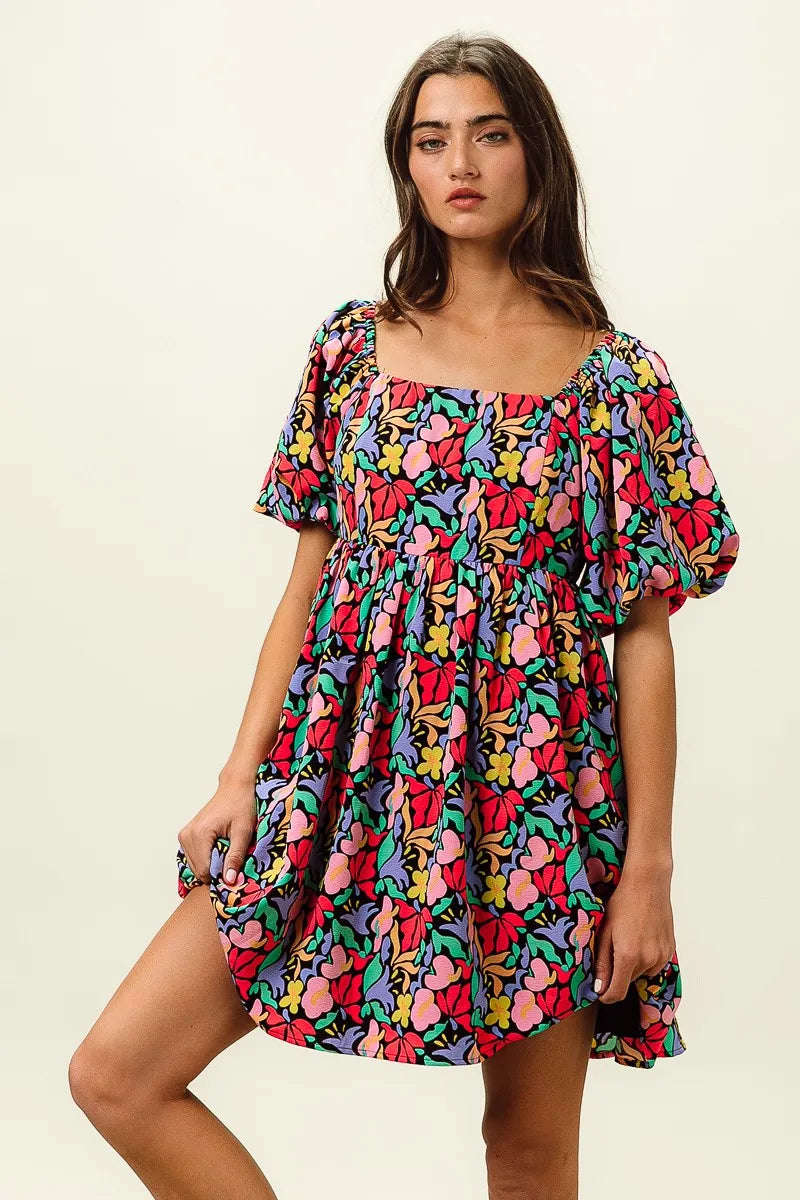 Image of BiBi Floral Print Puff Square Neck Dress | Queeble.shop