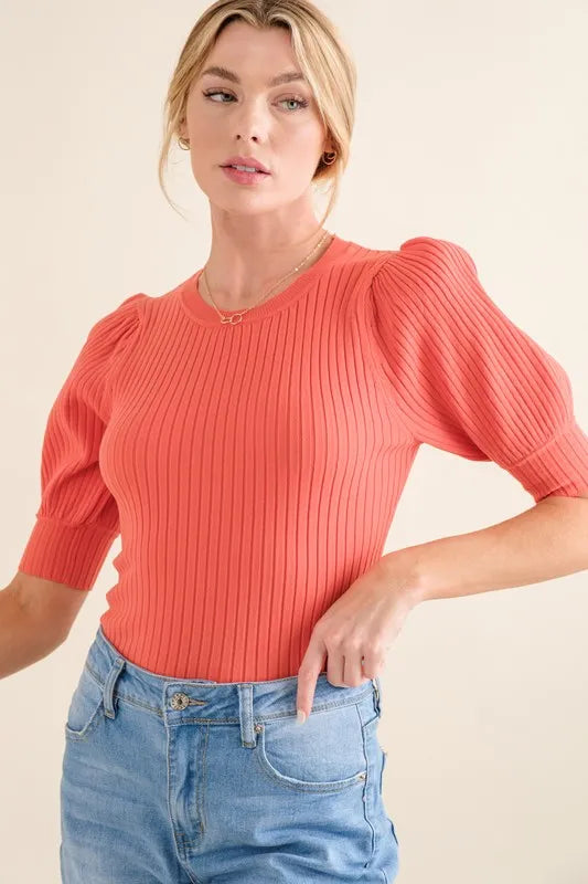 Image of And The Why Puffed Half Sleeve Rib Basic Bodysuit | Queeble.shop