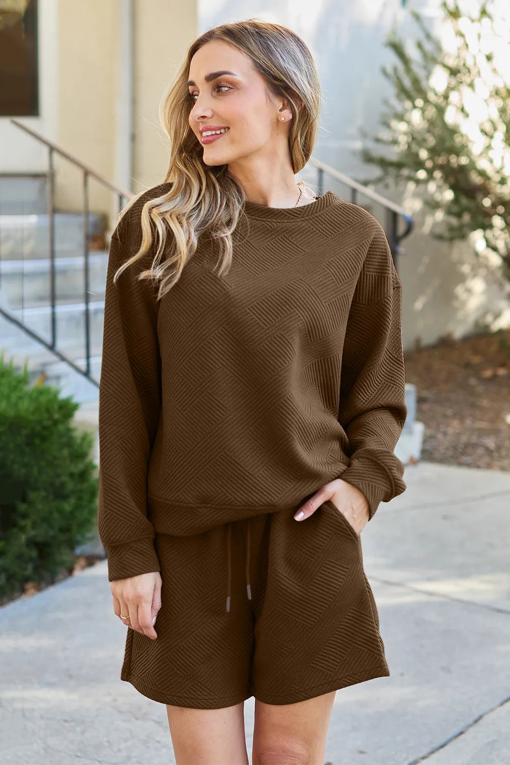 Image of Double Take Full Size Texture Long Sleeve Top and Drawstring Shorts Set | Queeble.shop