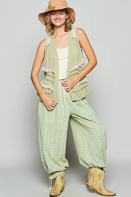 Image of POL Ruffled Open Front Sleeveless Cardigan | Queeble.shop