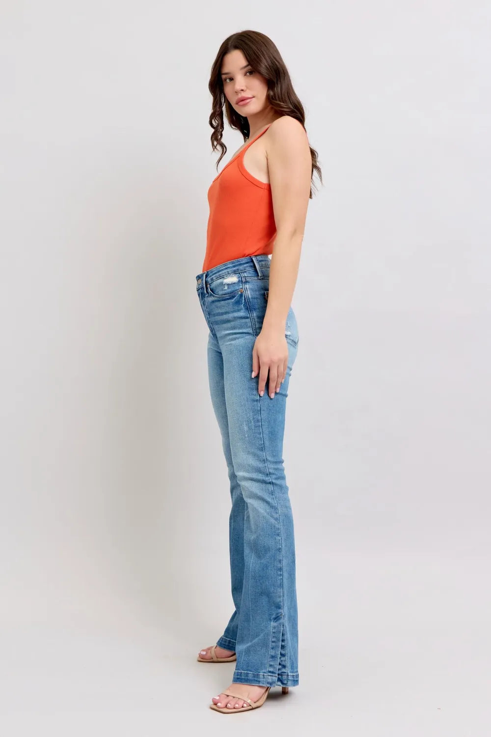 Image of Judy Blue HW Tummy Control Vintage Wash Side Slit Slim Boot Jeans | Queeble.shop