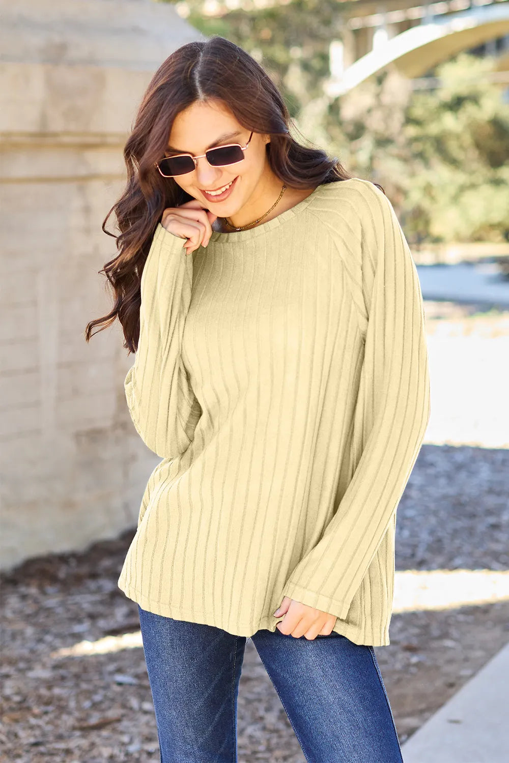 Image of Basic Bae Full Size Ribbed Round Neck Long Sleeve Knit Top | Queeble.shop