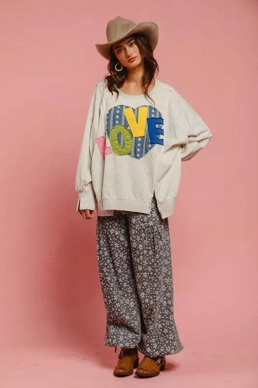 Image of BiBi LOVE Heart Patch Slit French Terry Sweatshirt | Queeble.shop