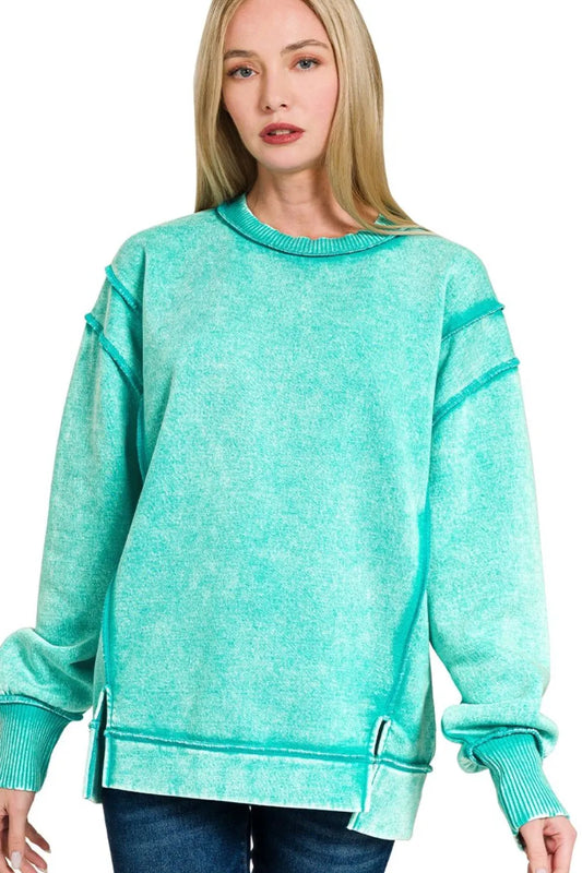 Image of Zenana Acid Wash Exposed-seam Fleece Sweatshirt | Queeble.shop