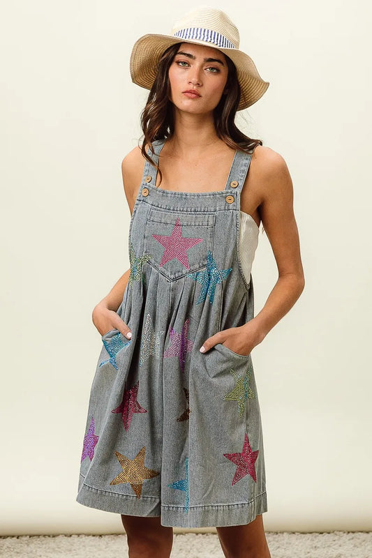 Image of BiBi Star Rhinestone Washed Wide Leg Shortalls | Queeble.shop